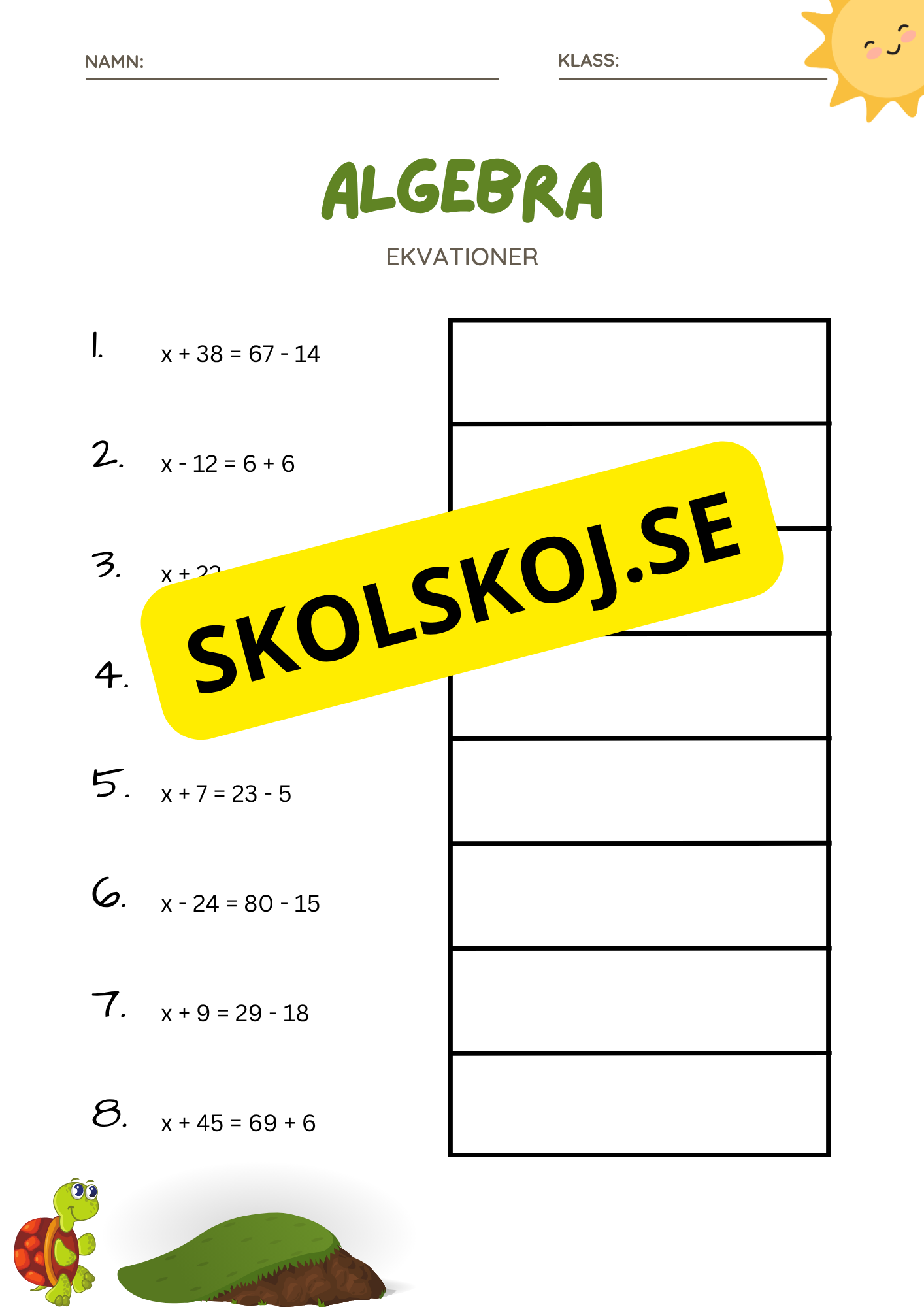 Algebra ekvationer - Årskurs 4 - 6