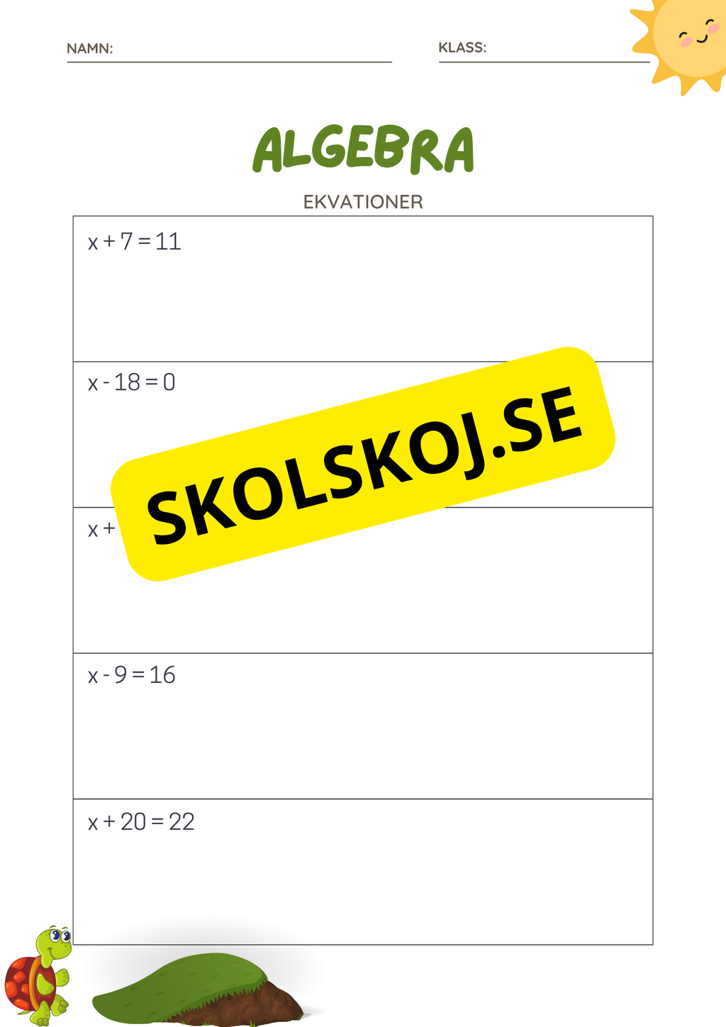 Algebra ekvationer - Årskurs 4 - 6