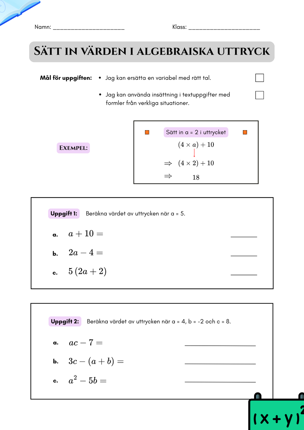 Algebraiska uttryck – årskurs 7–9 + Facit