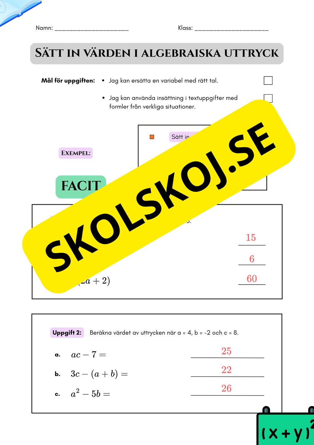 Algebraiska uttryck – årskurs 7–9 + Facit