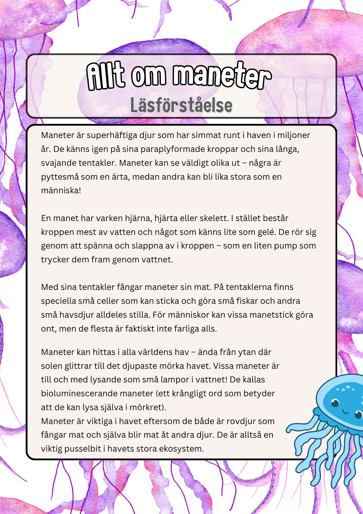 Allt om maneter - Läsförståelse - Årskurs 3