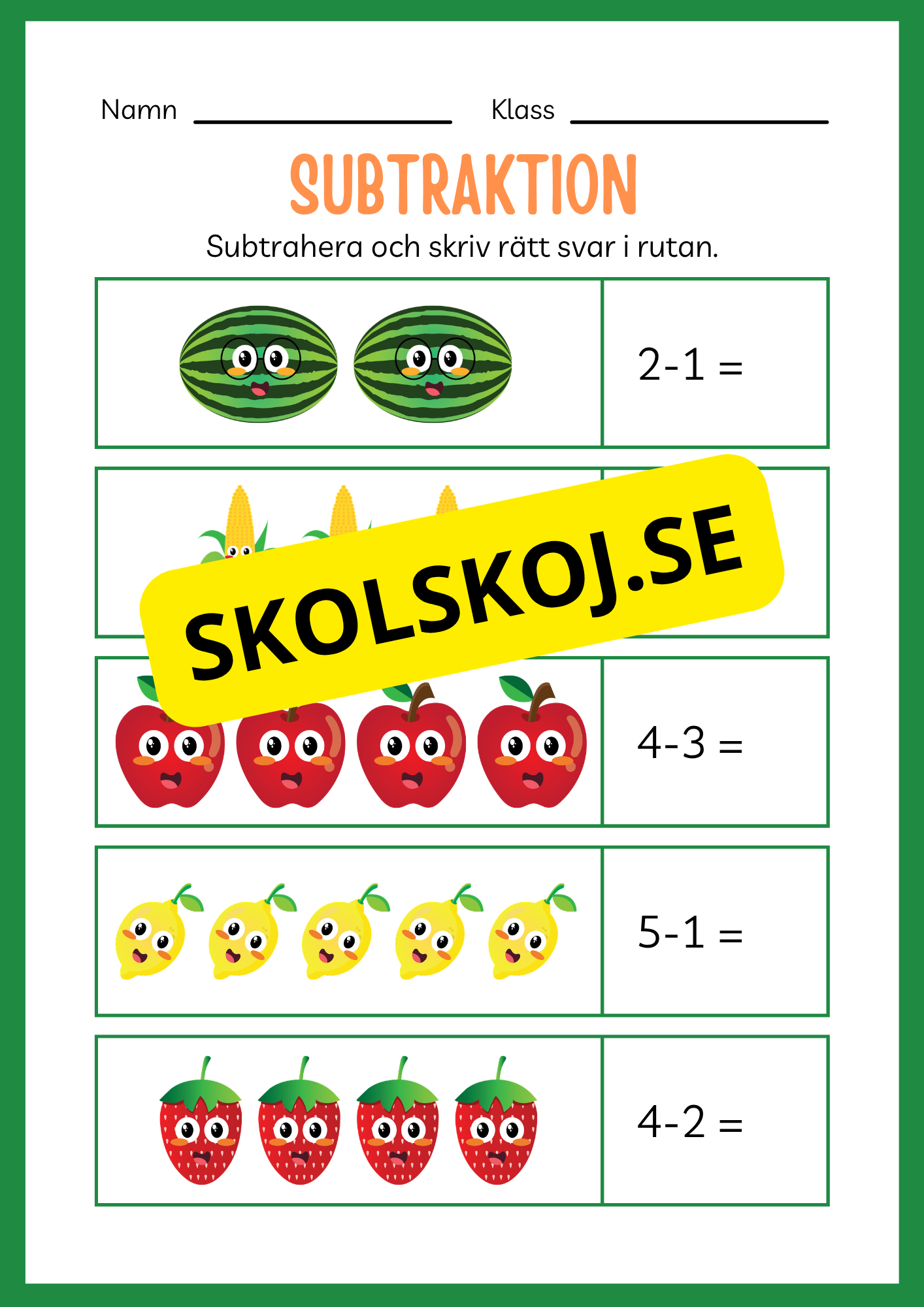 Arbetsbok subtraktion - Förskoleklass - Årskurs 3 (20 sidor)