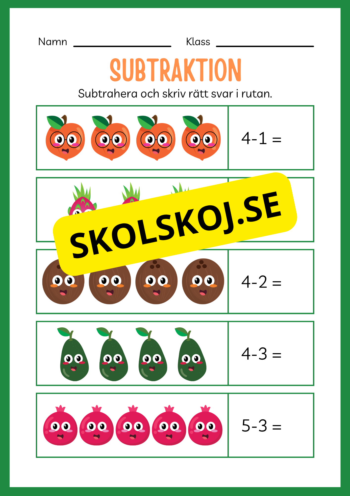 Arbetsbok subtraktion - Förskoleklass - Årskurs 3 (20 sidor)