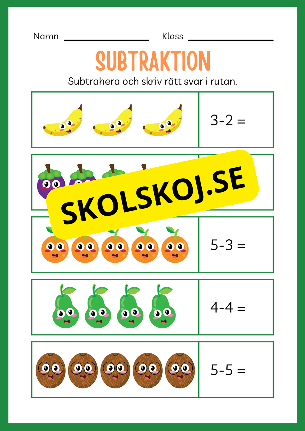 Arbetsbok subtraktion - Förskoleklass - Årskurs 3 (20 sidor)