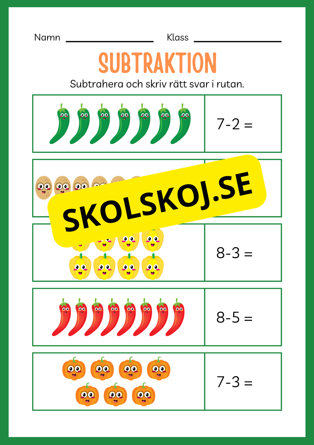 Arbetsbok subtraktion - Förskoleklass - Årskurs 3 (20 sidor)