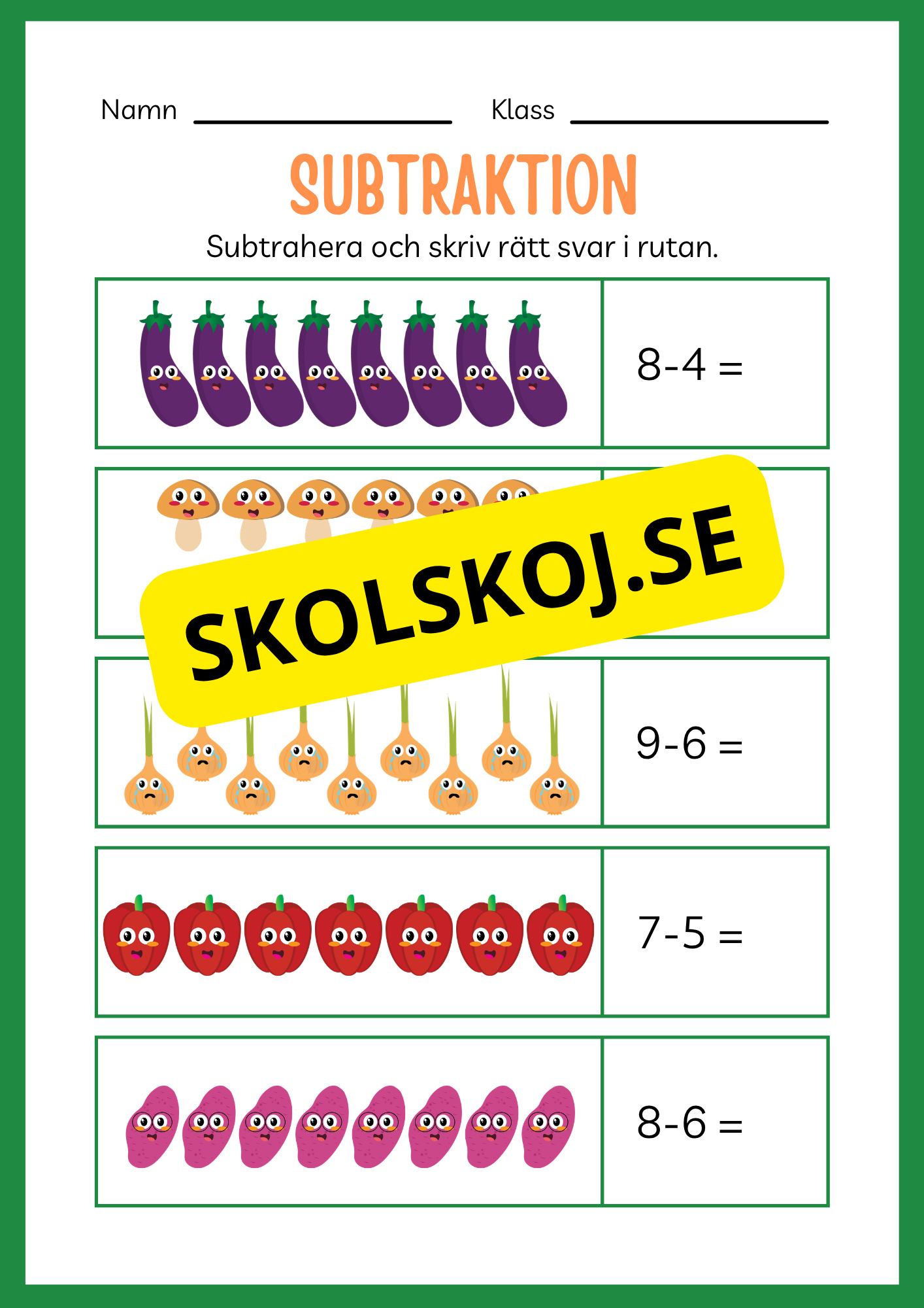 Arbetsbok subtraktion - Förskoleklass - Årskurs 3 (20 sidor)