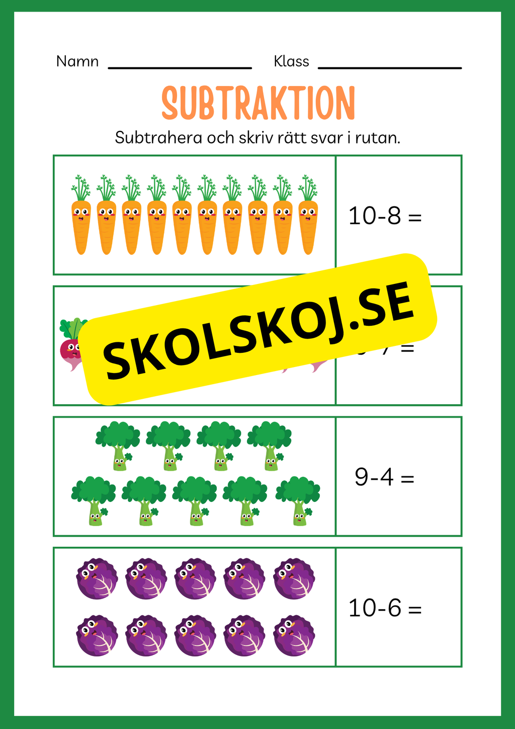 Arbetsbok subtraktion - Förskoleklass - Årskurs 3 (20 sidor)