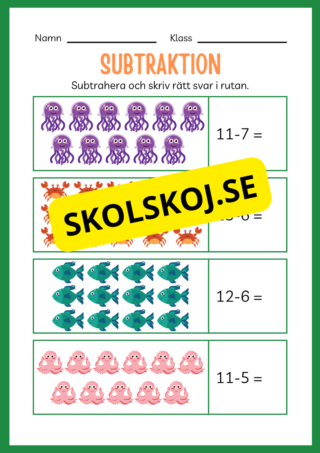 Arbetsbok subtraktion - Förskoleklass - Årskurs 3 (20 sidor)