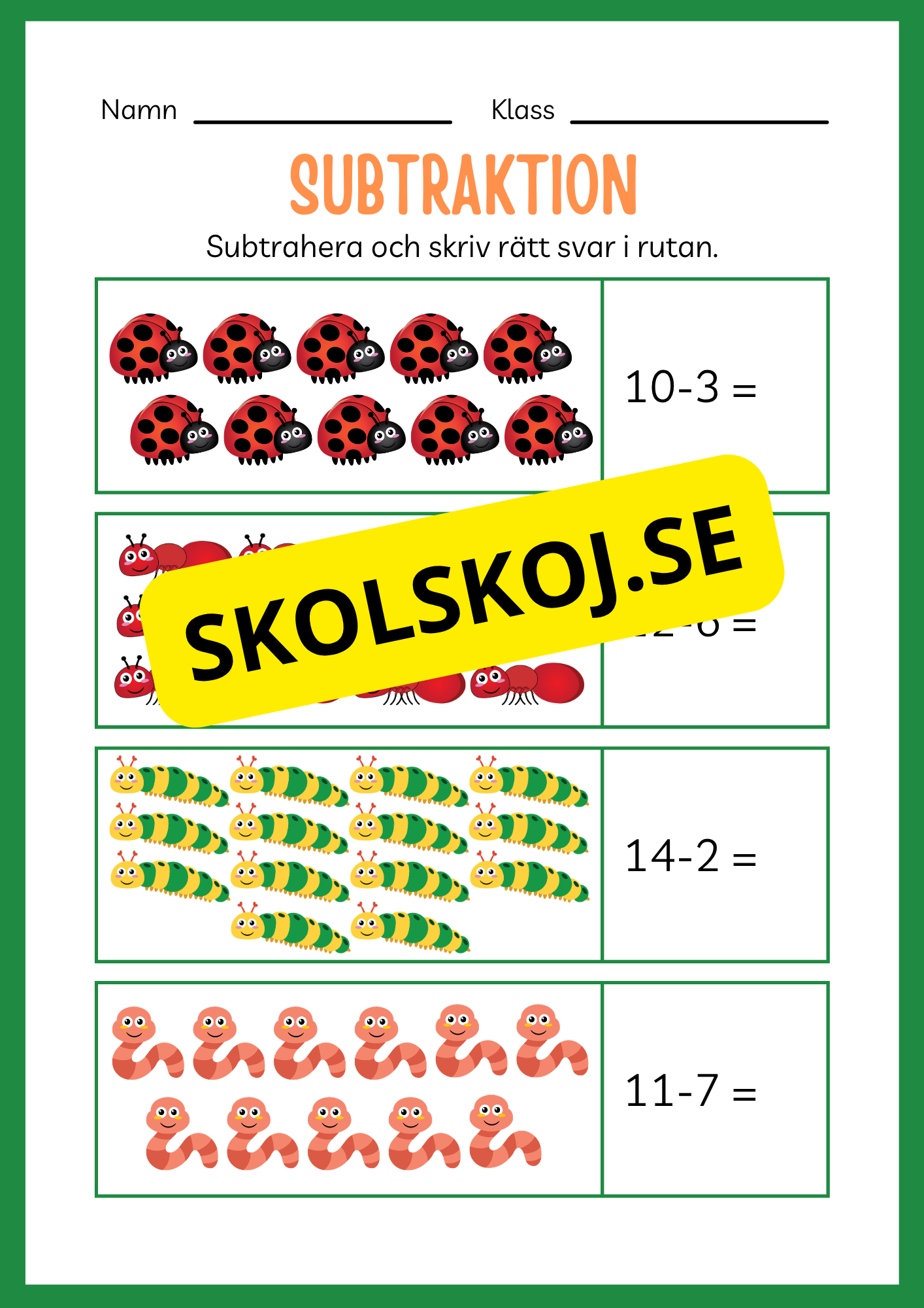 Arbetsbok subtraktion - Förskoleklass - Årskurs 3 (20 sidor)