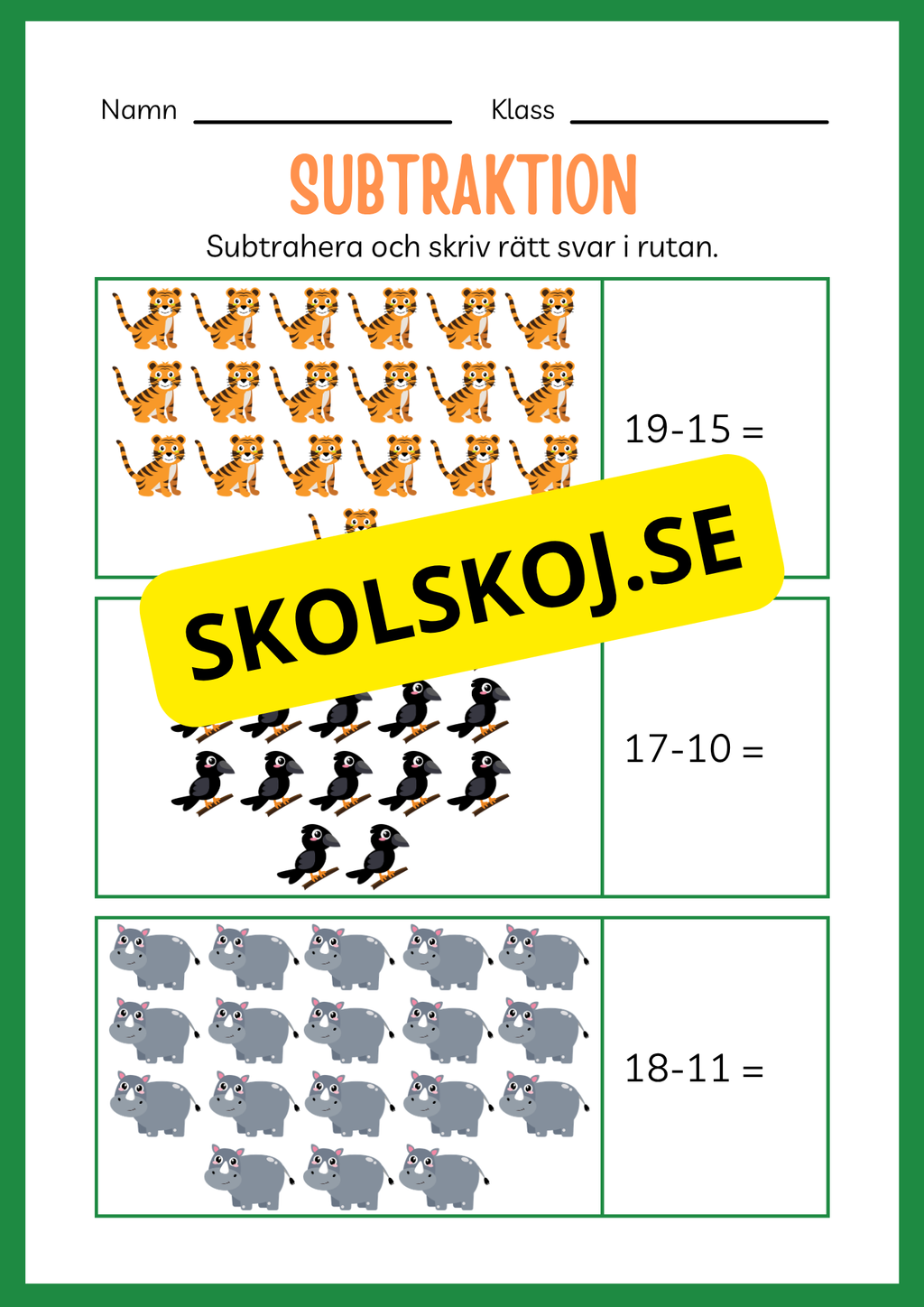 Arbetsbok subtraktion - Förskoleklass - Årskurs 3 (20 sidor)