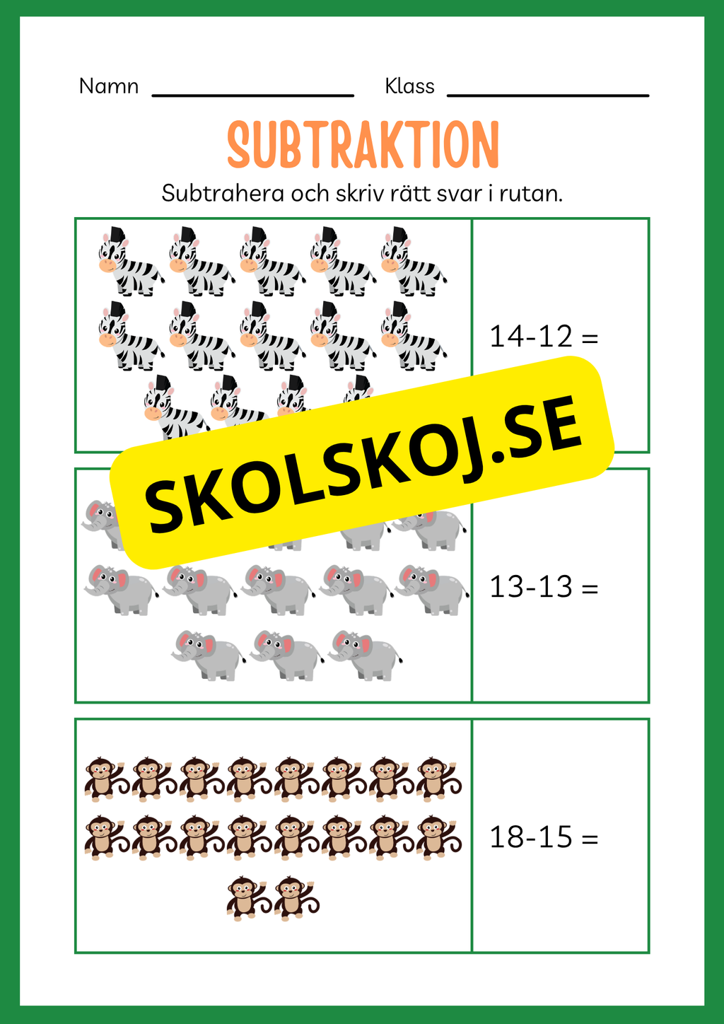 Arbetsbok subtraktion - Förskoleklass - Årskurs 3 (20 sidor)