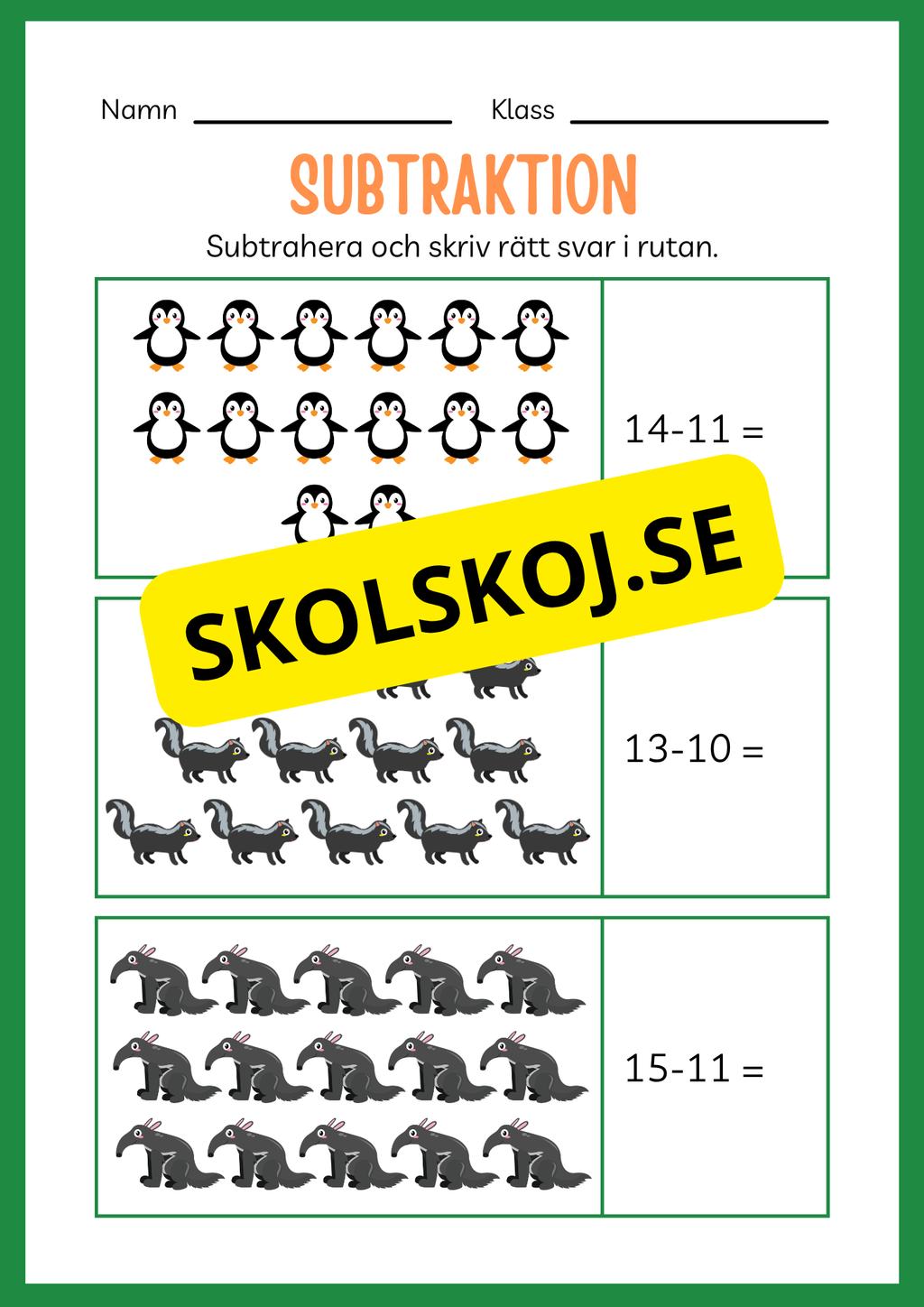 Arbetsbok subtraktion - Förskoleklass - Årskurs 3 (20 sidor)