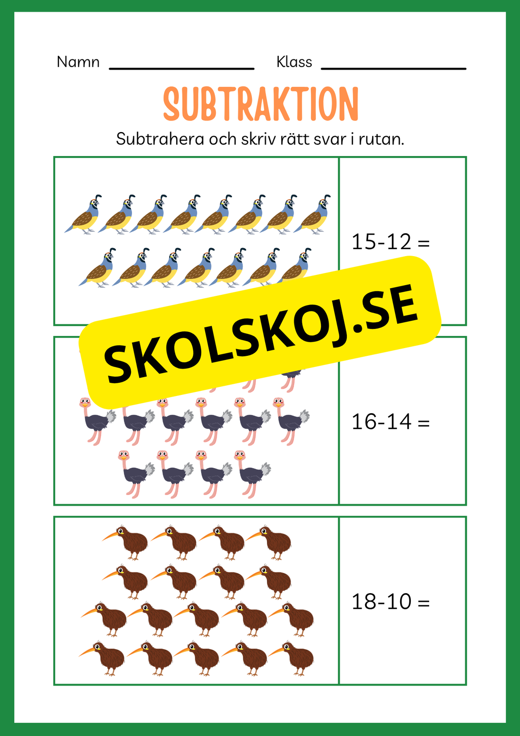 Arbetsbok subtraktion - Förskoleklass - Årskurs 3 (20 sidor)