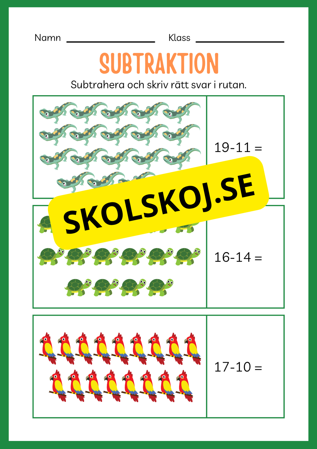 Arbetsbok subtraktion - Förskoleklass - Årskurs 3 (20 sidor)