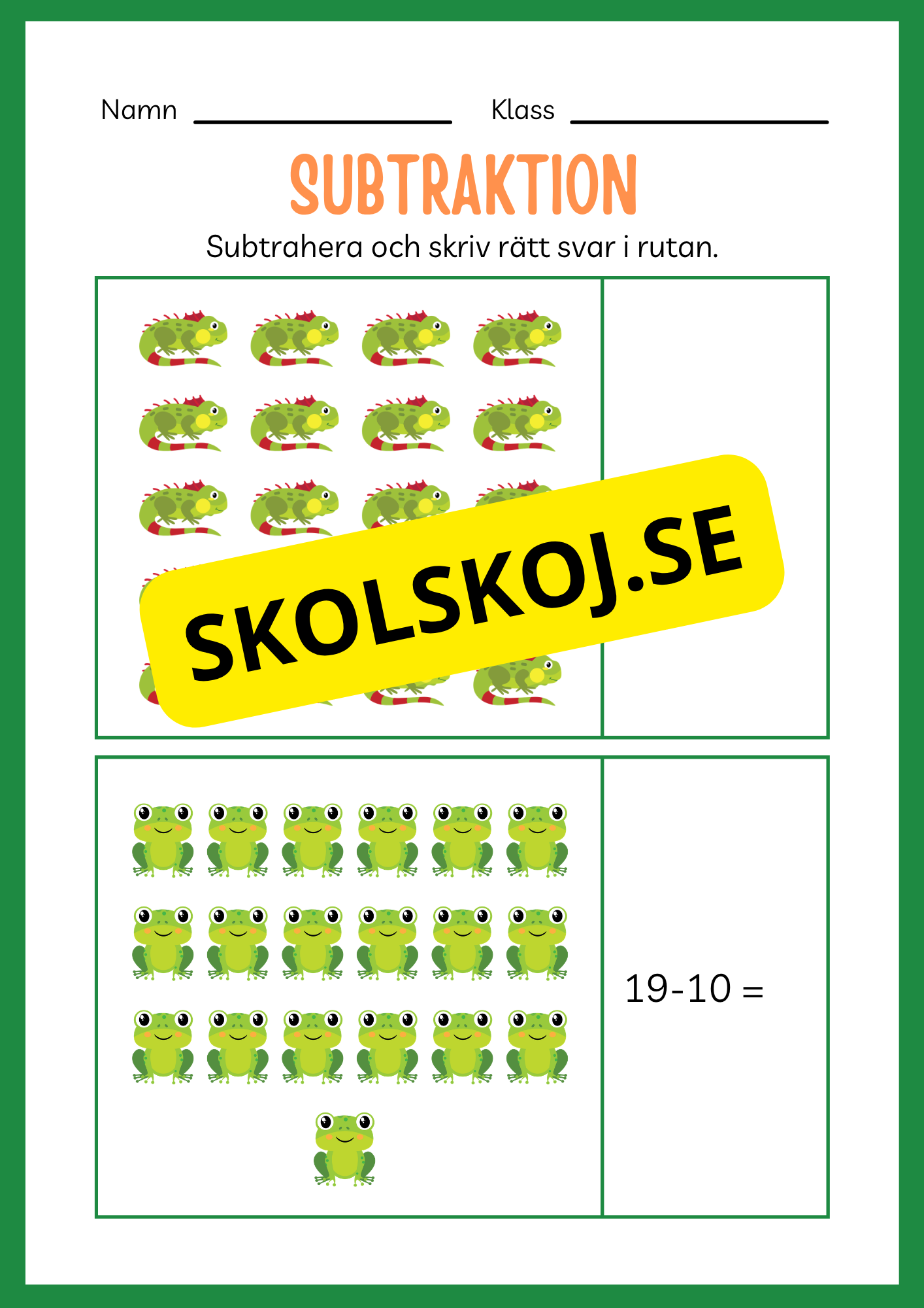 Arbetsbok subtraktion - Förskoleklass - Årskurs 3 (20 sidor)