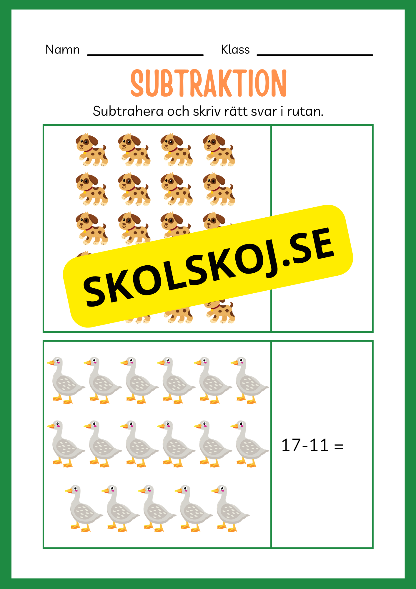 Arbetsbok subtraktion - Förskoleklass - Årskurs 3 (20 sidor)