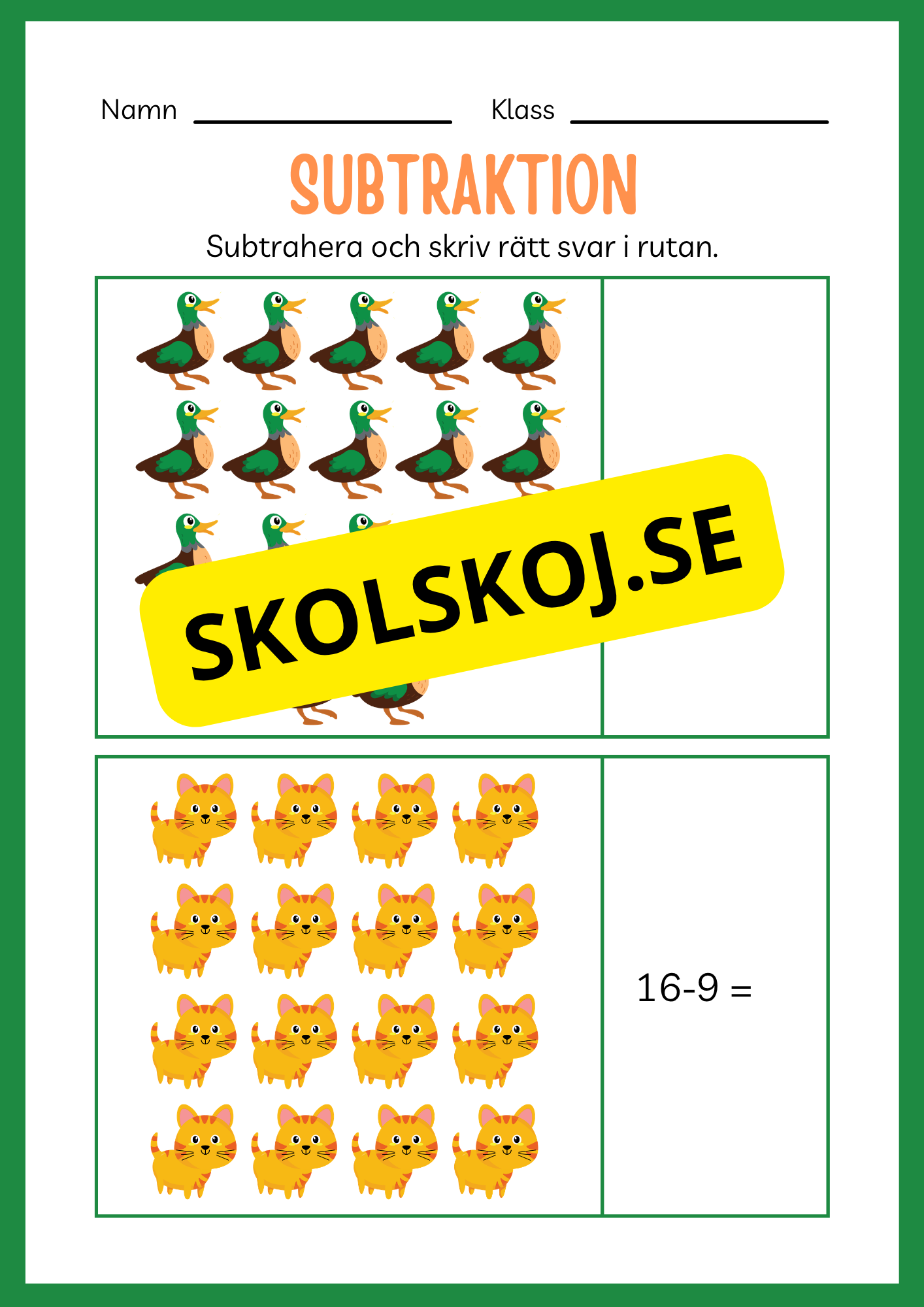 Arbetsbok subtraktion - Förskoleklass - Årskurs 3 (20 sidor)
