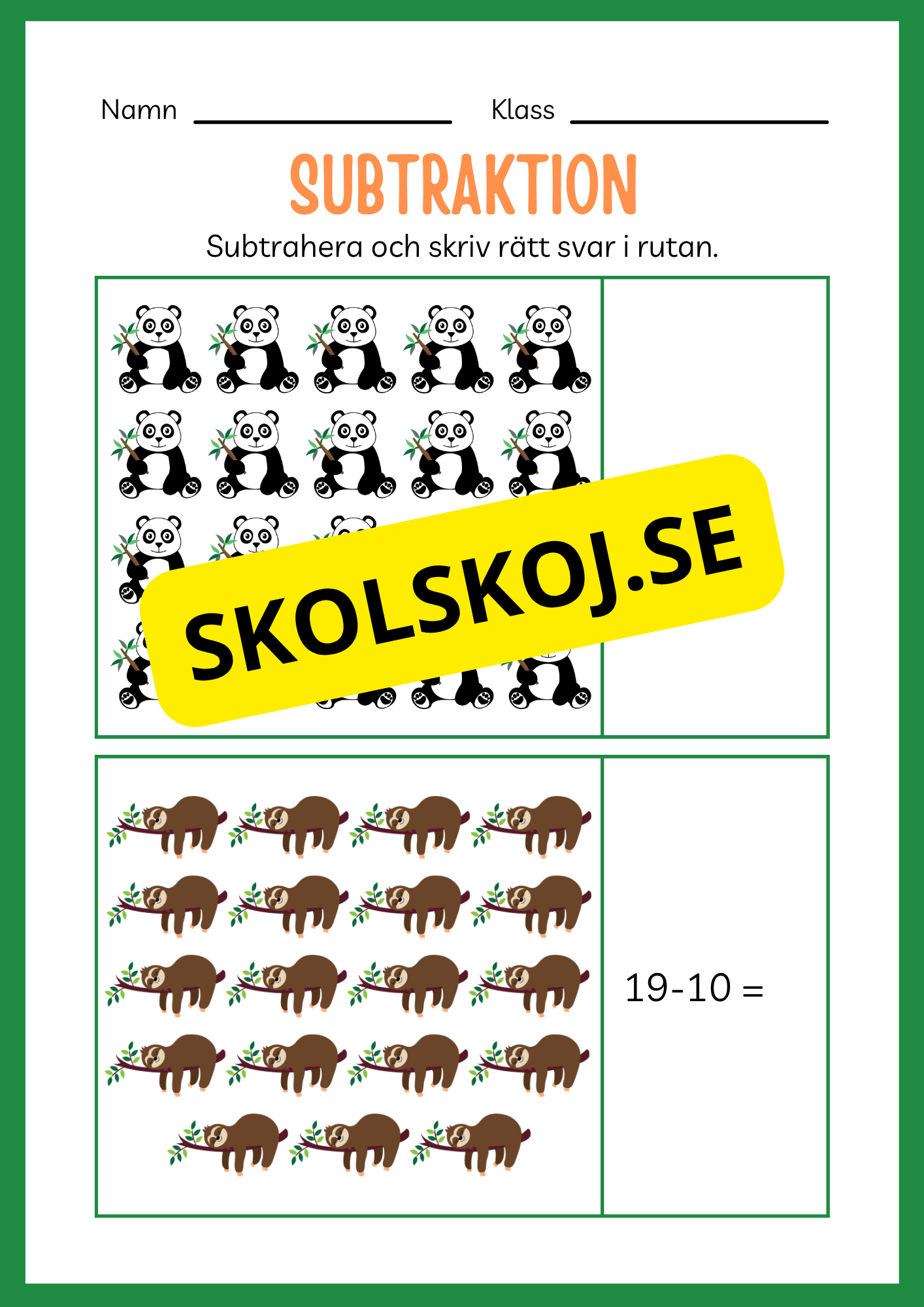 Arbetsbok subtraktion - Förskoleklass - Årskurs 3 (20 sidor)