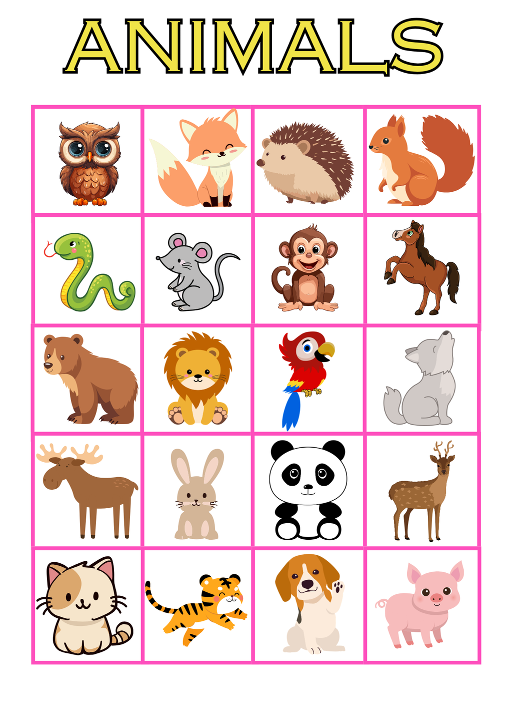 Bingo animals engelska