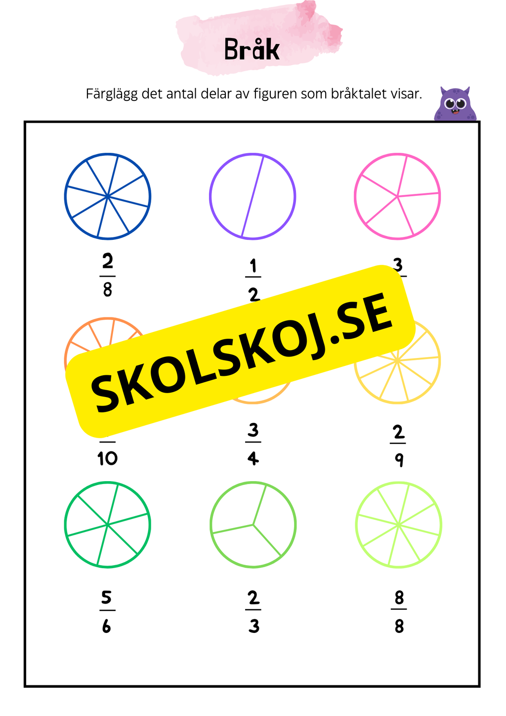 Bråk – Färglägg delar och skriv bråk