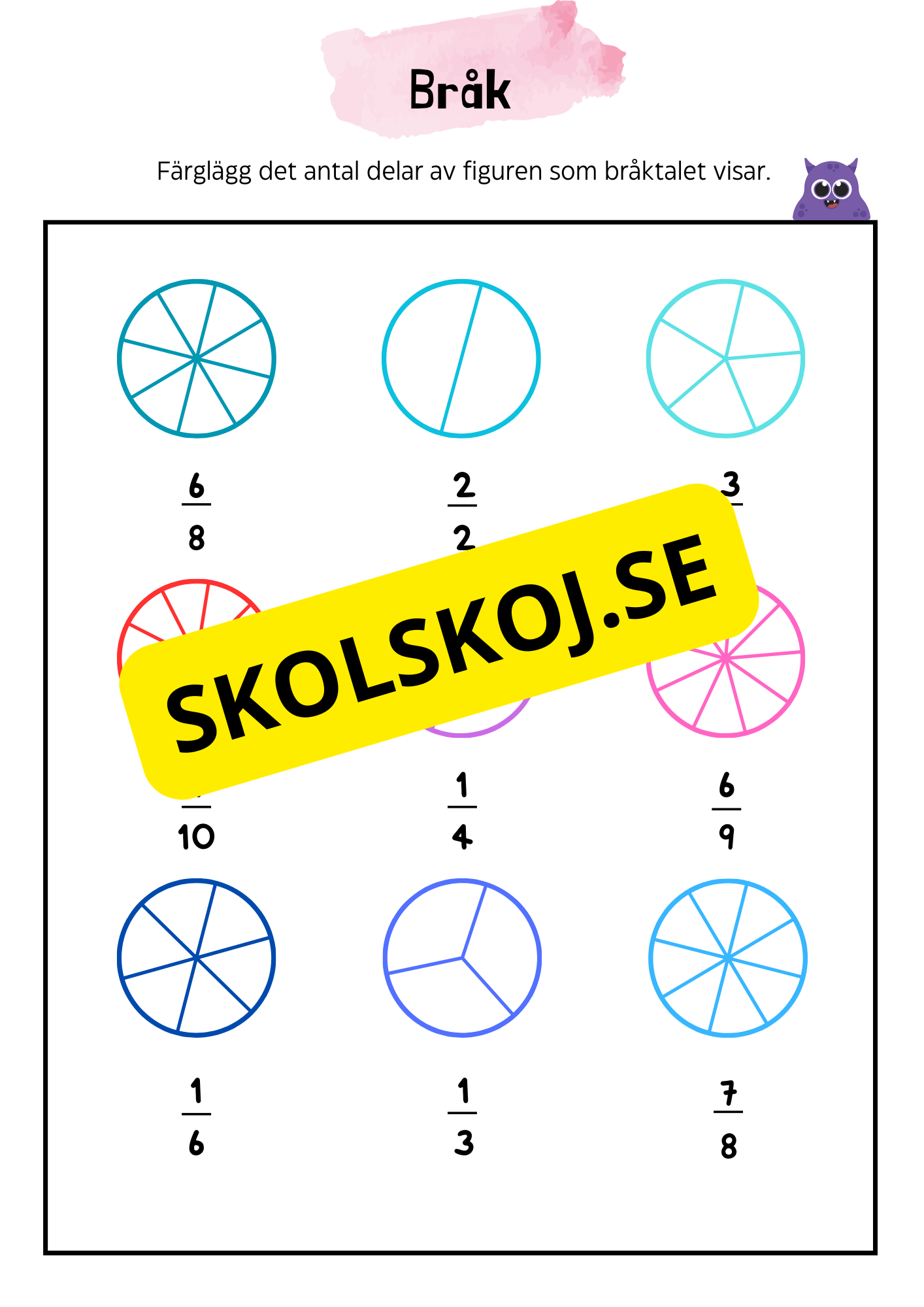 Bråk – Färglägg delar och skriv bråk