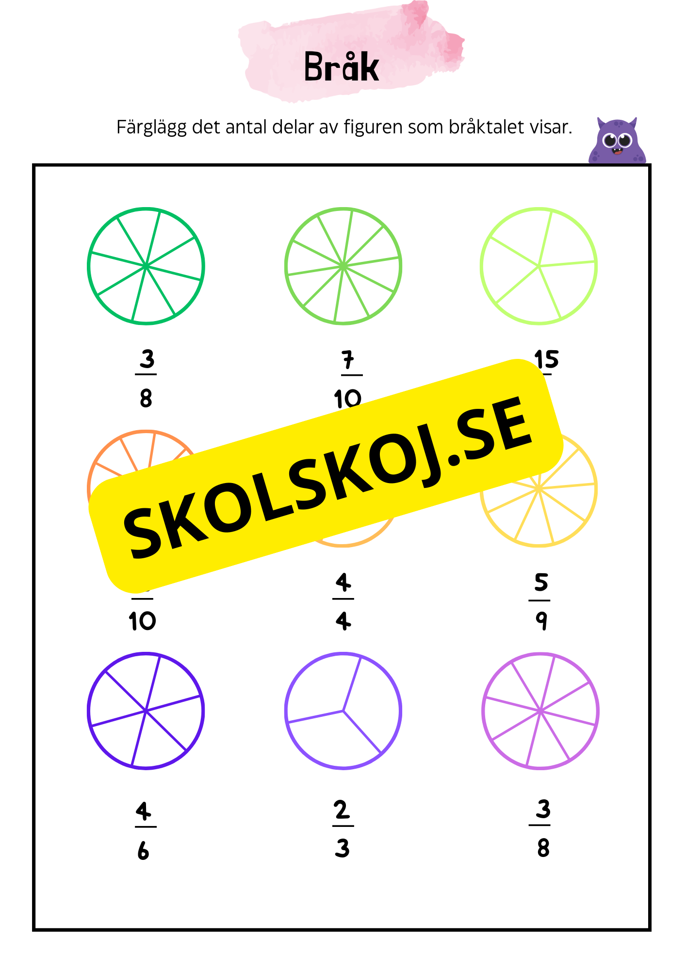 Bråk – Färglägg delar och skriv bråk
