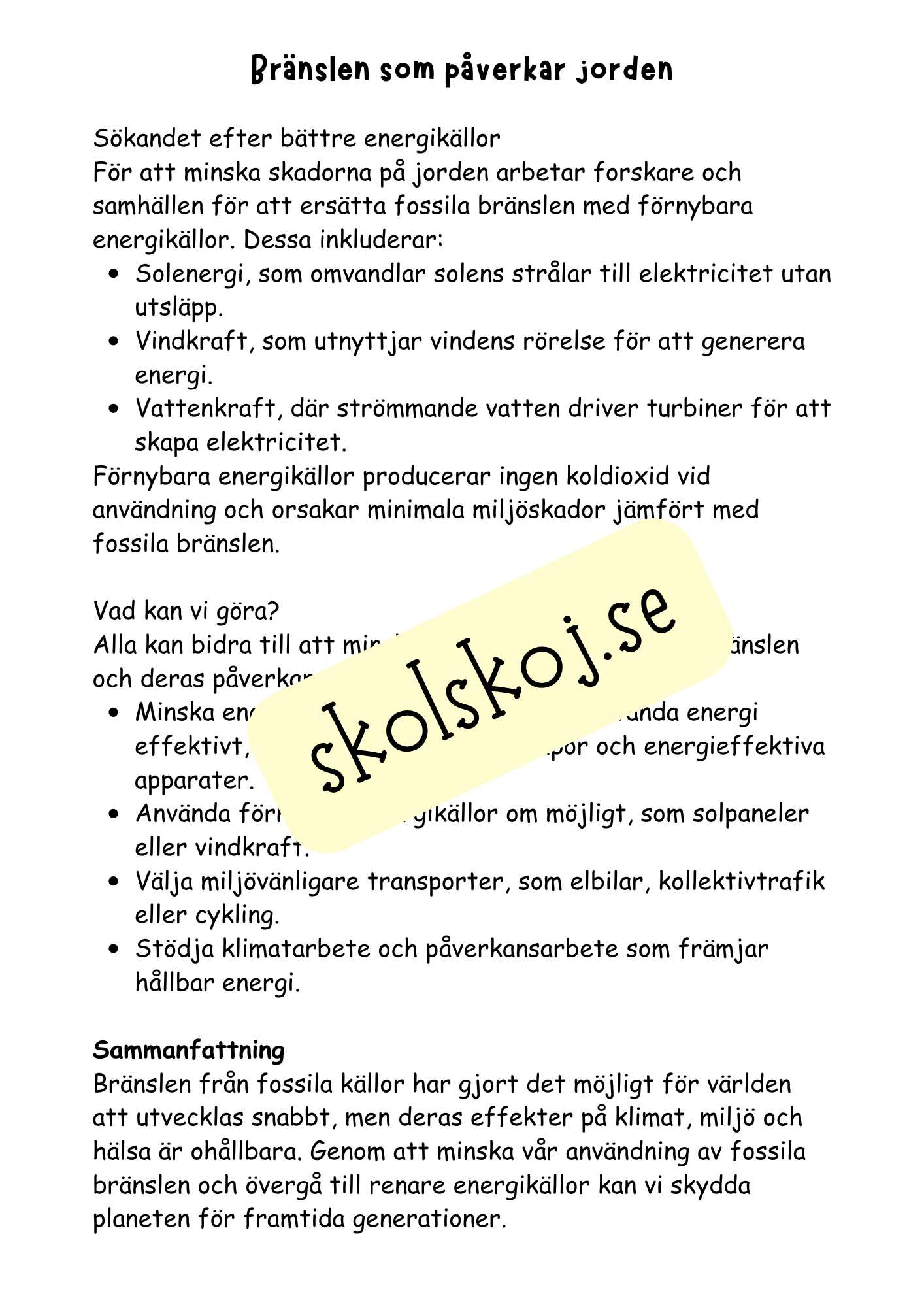 Bränslen och kemiska reaktioner  - Årskurs 4 - 6 - NO