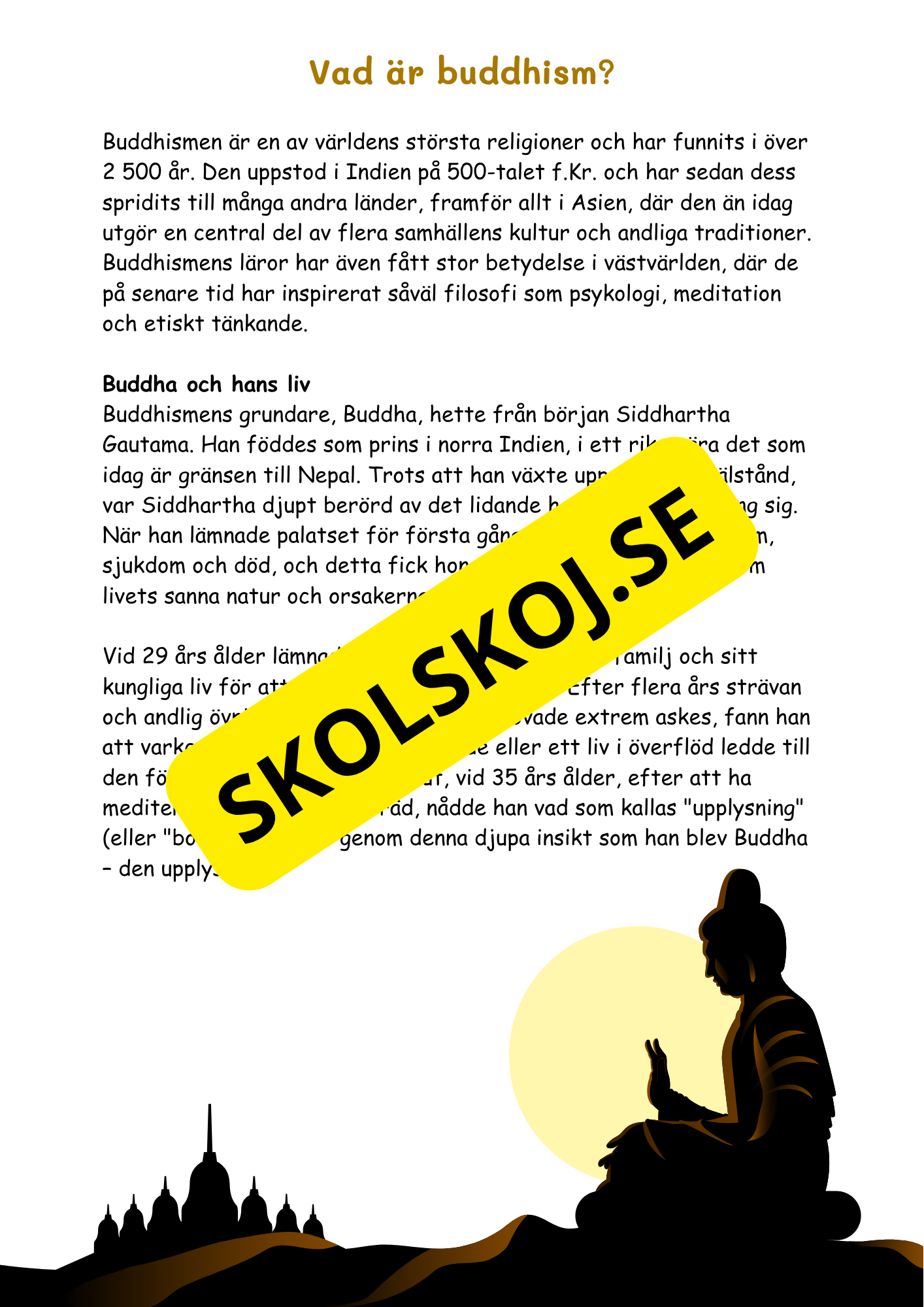 Buddhismen - Läsförståelse + frågor - SO