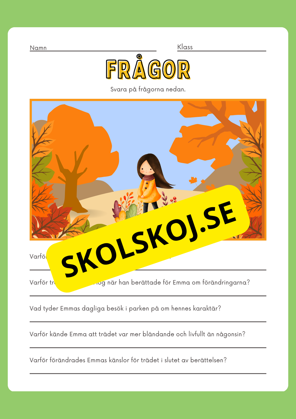 De färgglada löven och Emma - Läsförståelse och lite till
