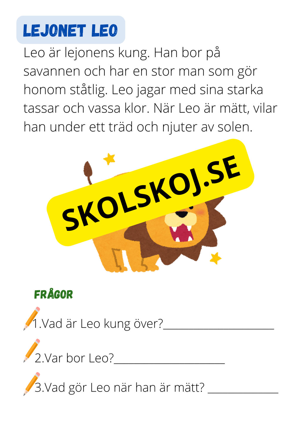 Djursagor: Korta och enkla berättelser - Läsförståelse - Åk 1 - 3