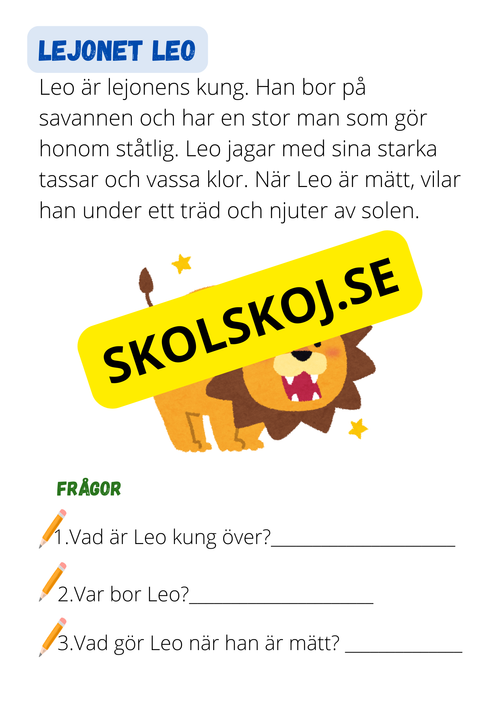 Djursagor: Korta och enkla berättelser - Läsförståelse - Åk 1 - 3