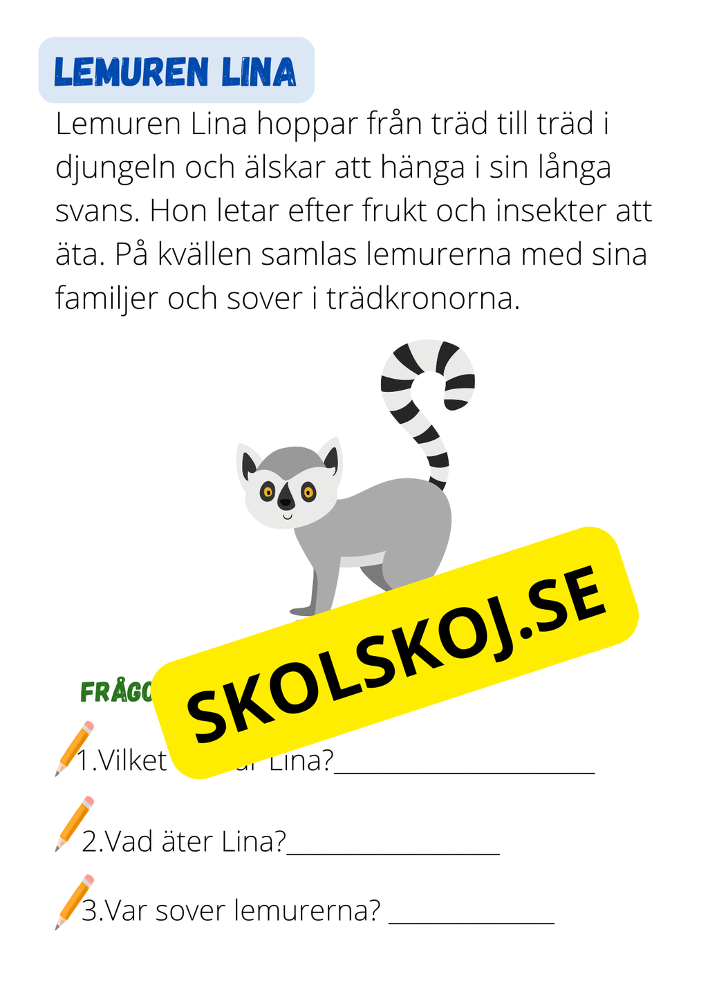 Djursagor: Korta och enkla berättelser - Läsförståelse - Åk 1 - 3