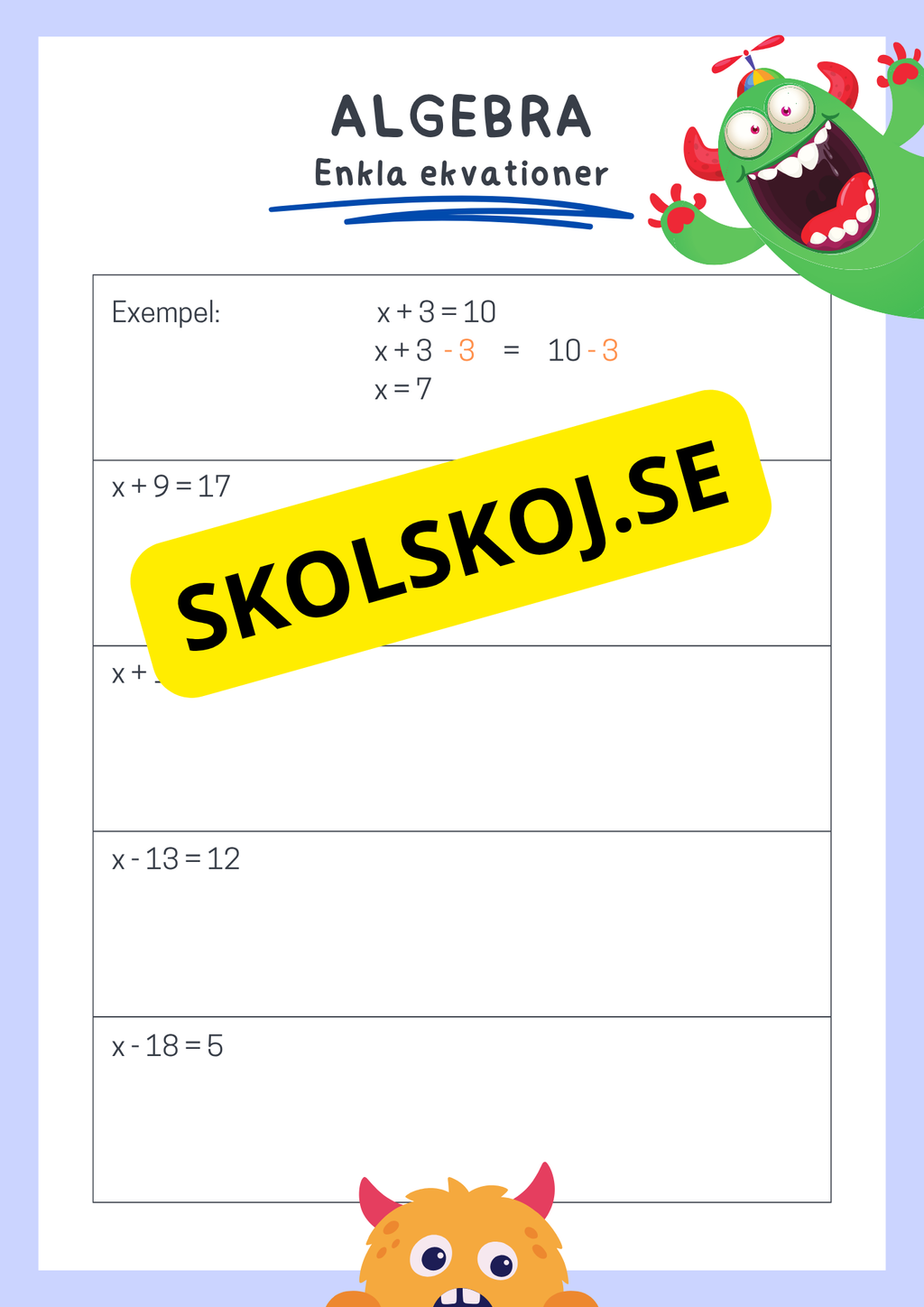 Enkla ekvationer - Algebra