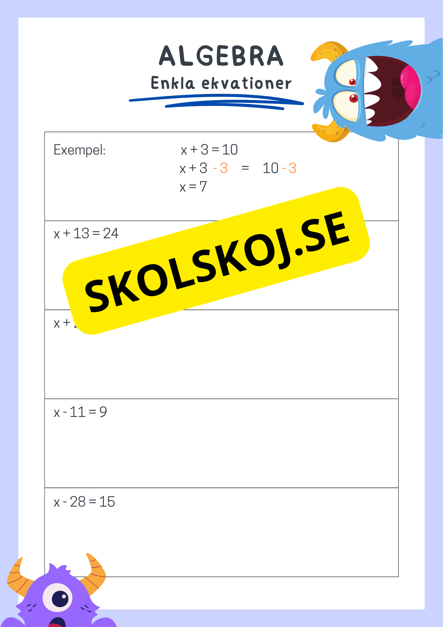 Enkla ekvationer - Algebra