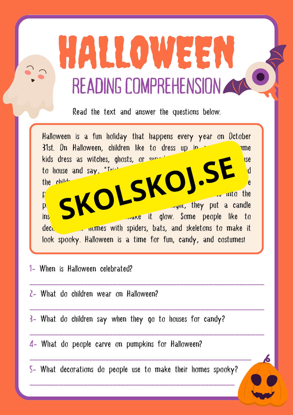 Halloween reading comprehension (8 sidor)