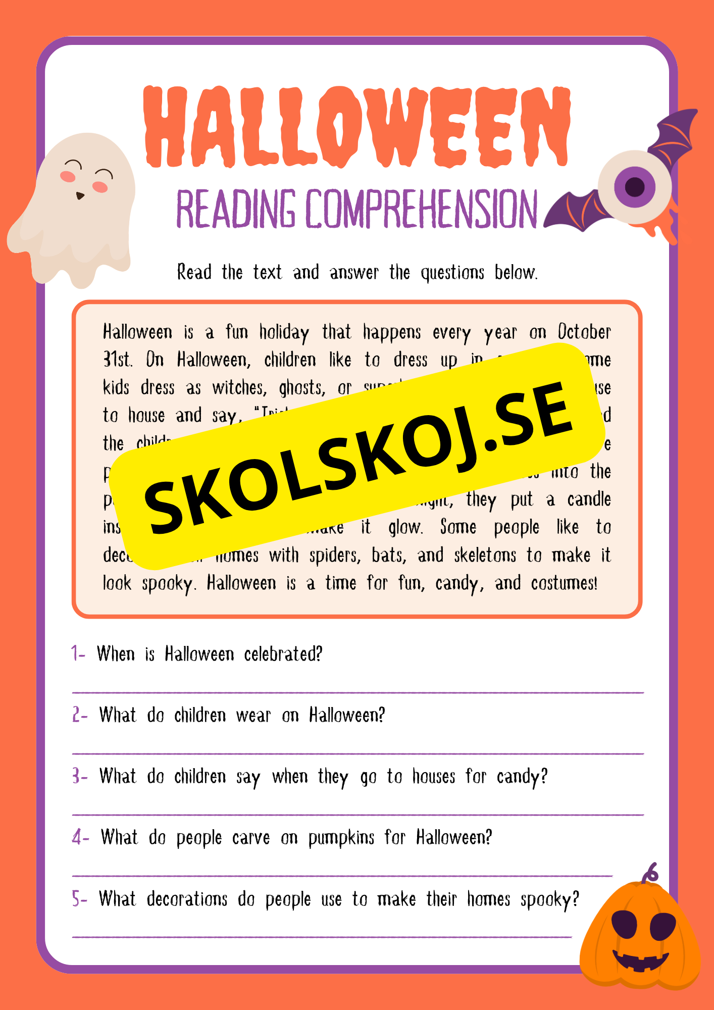 Halloween reading comprehension (8 sidor)