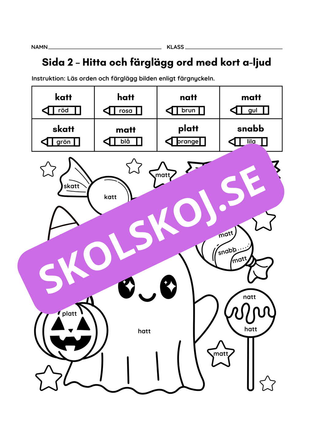 Hitta och färglägg – korta vokalljud