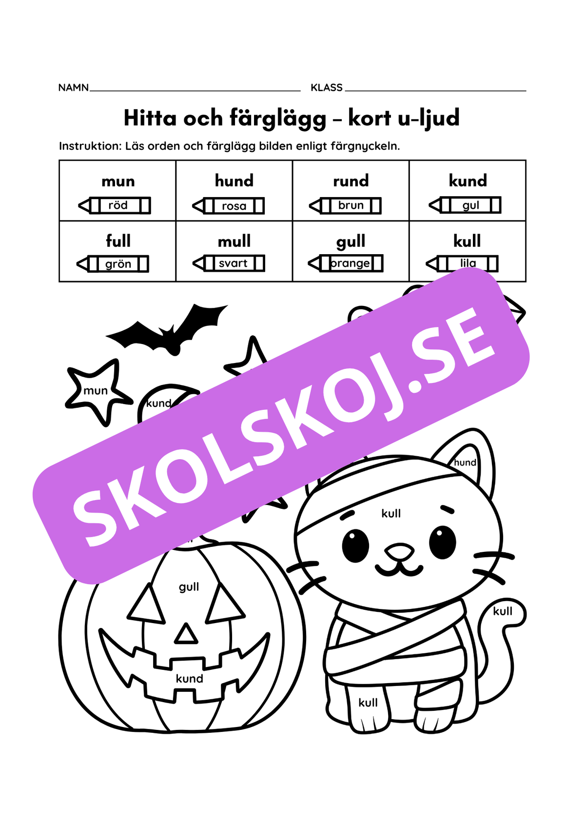 Hitta och färglägg – korta vokalljud