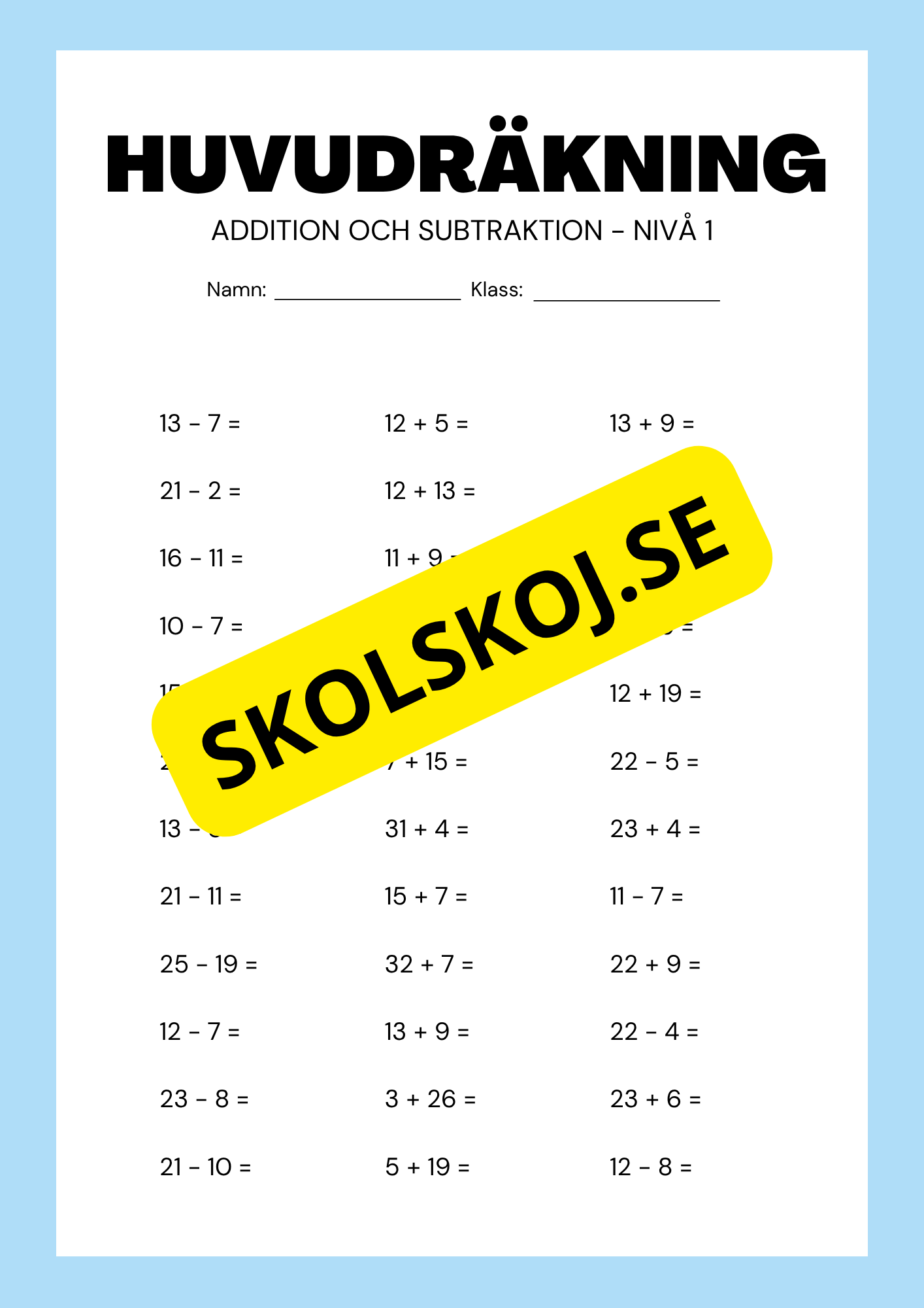 Huvudräkning addition och subtraktion