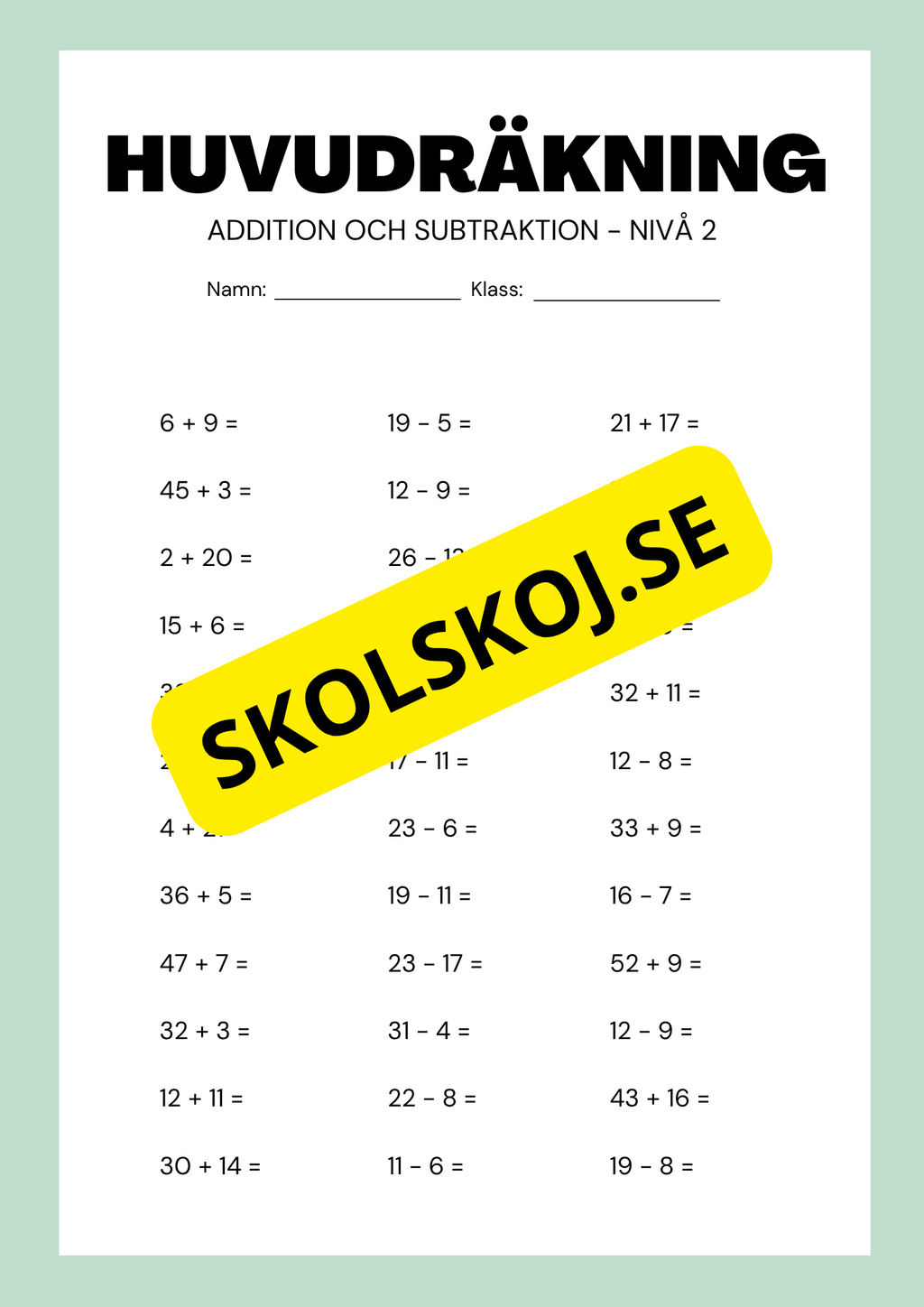 Huvudräkning addition och subtraktion