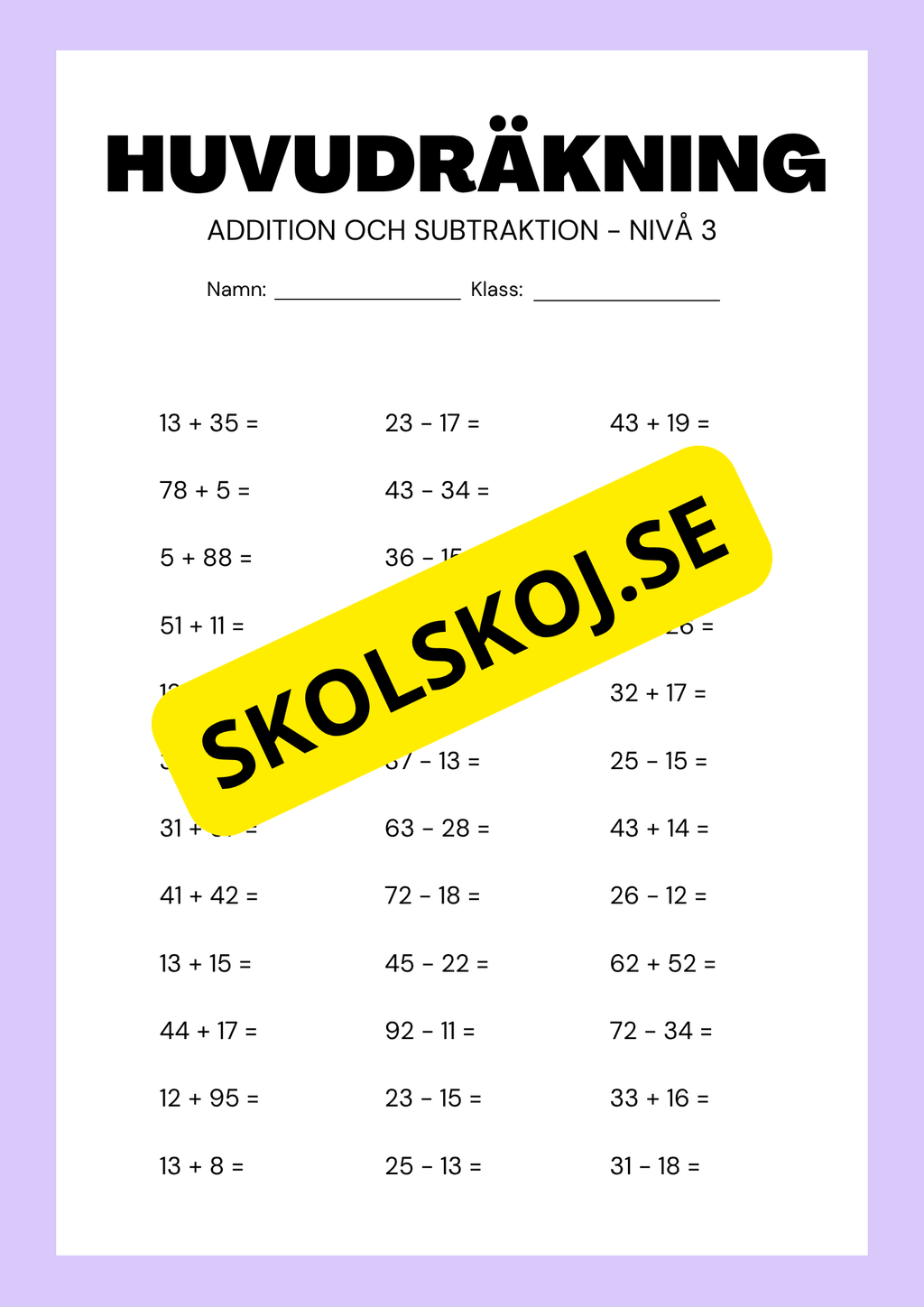 Huvudräkning addition och subtraktion