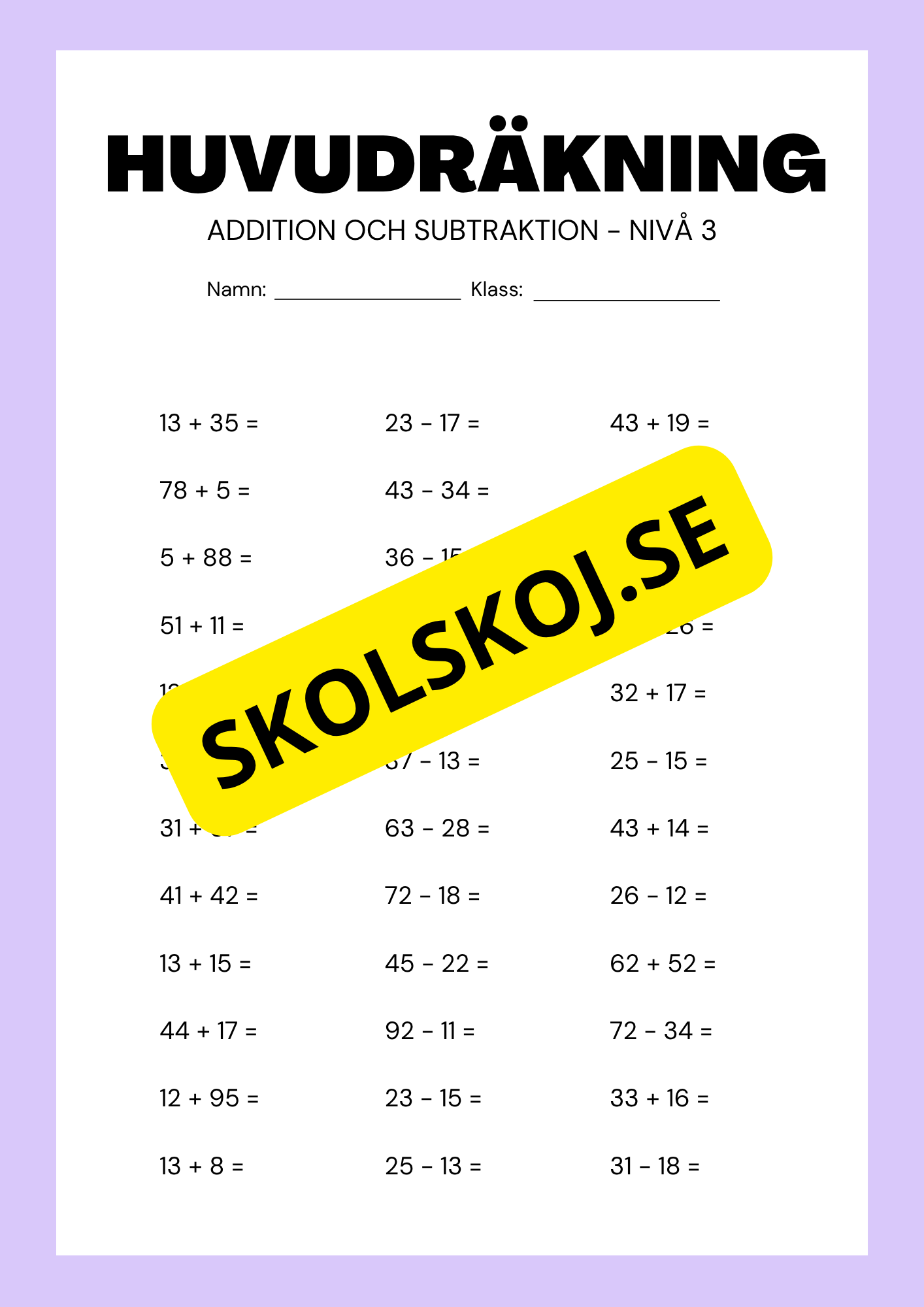 Huvudräkning addition och subtraktion