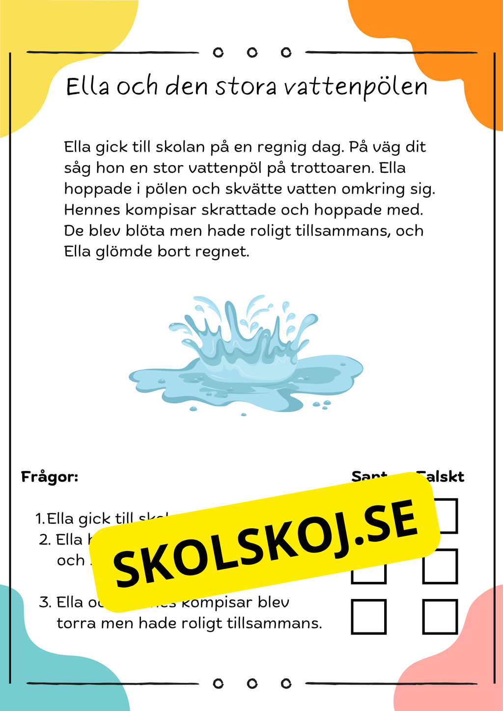 Läsförståelse sant eller falskt: 10 korta berättelser