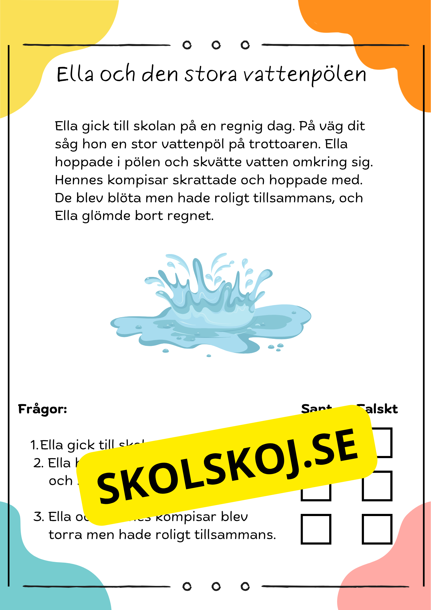 Läsförståelse sant eller falskt: 10 korta berättelser