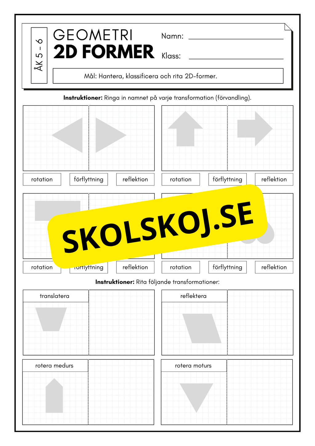 Lek med geometri: Uppgifter om rotation, spegling och translation - Åk 5 - 6