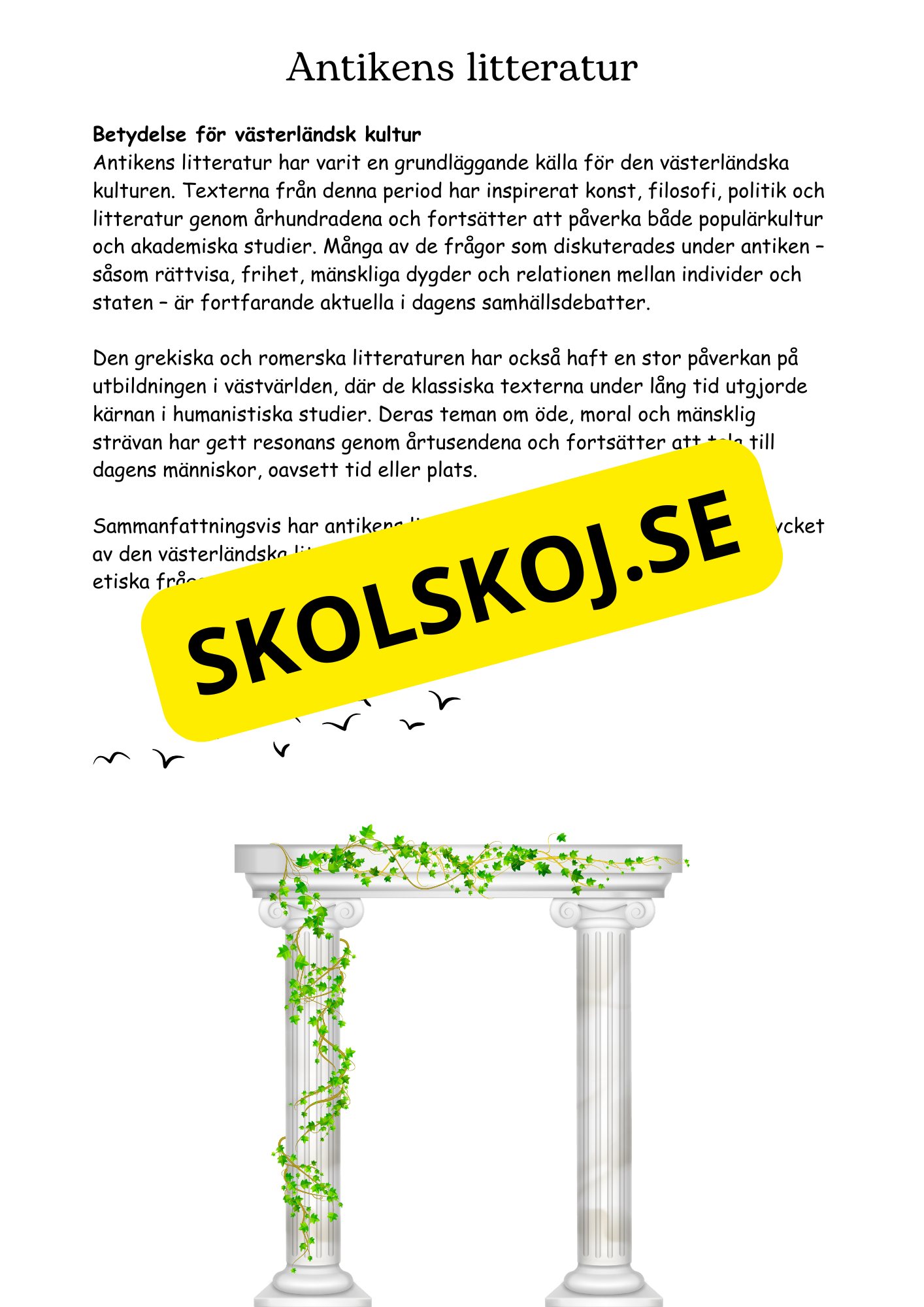 Litteraturhistoria antiken - Läsförståelse + Frågor