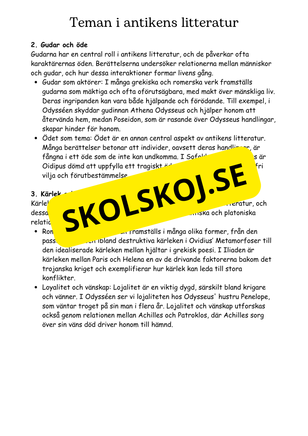 Litteraturhistoria antiken - Läsförståelse + Frågor