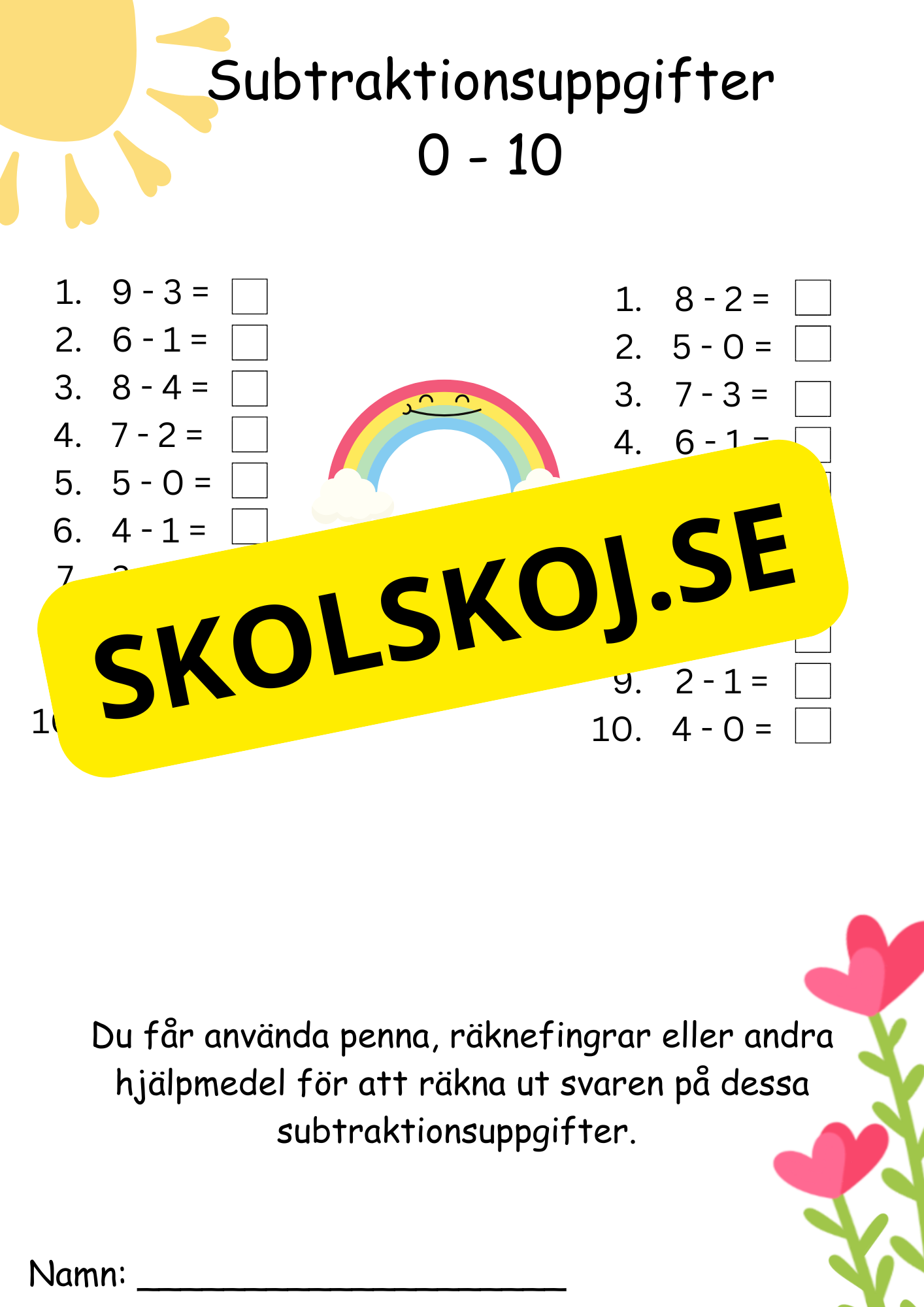 Minus årskurs 1 tal 1 - 10