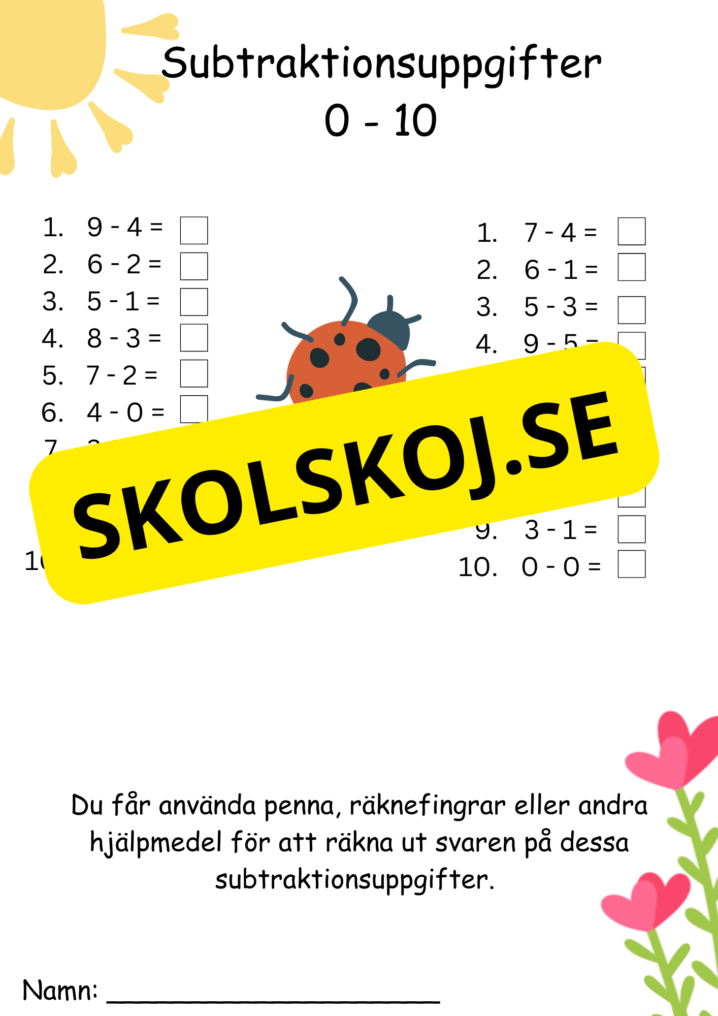 Minus årskurs 1 tal 1 - 10