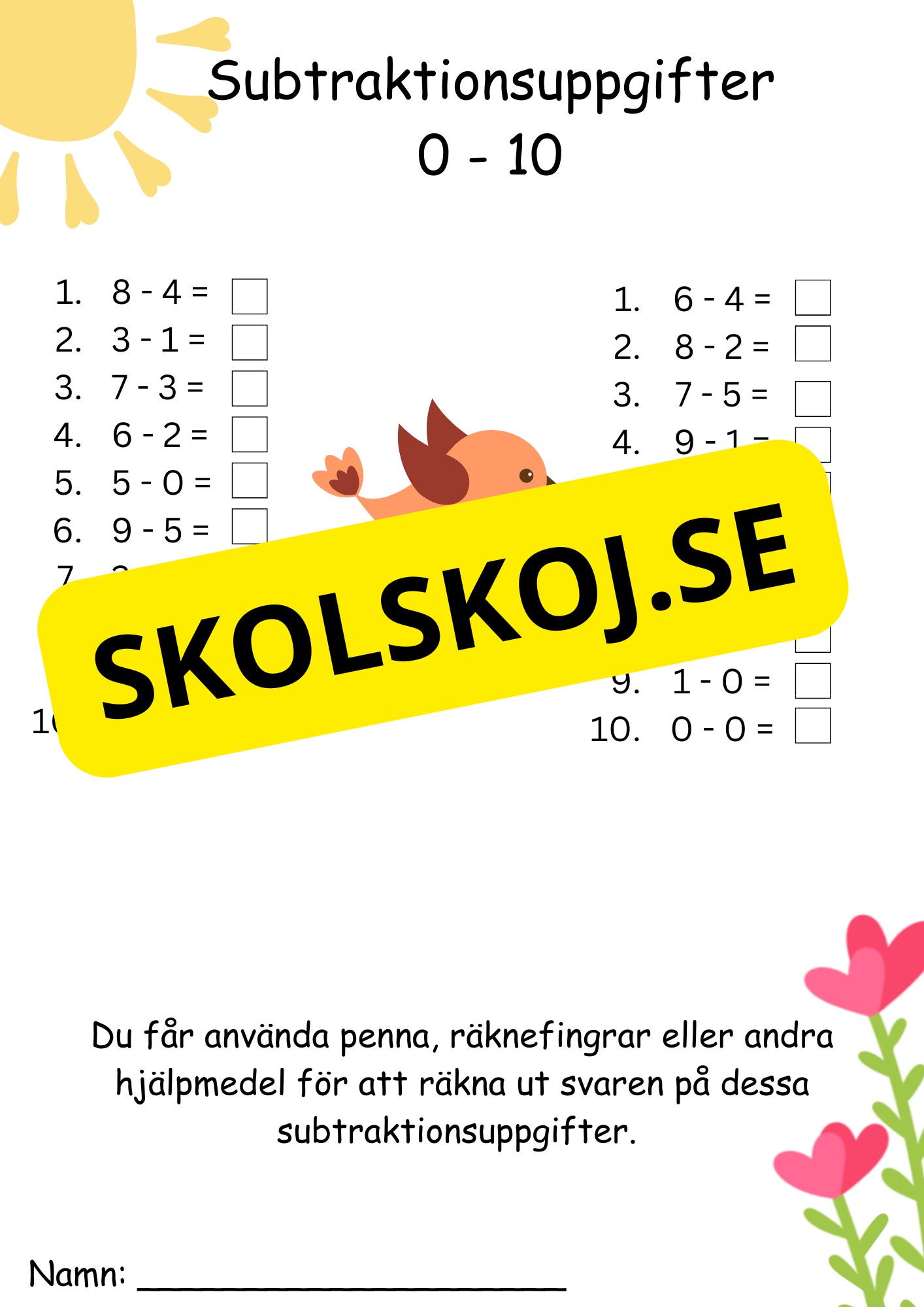 Minus årskurs 1 tal 1 - 10